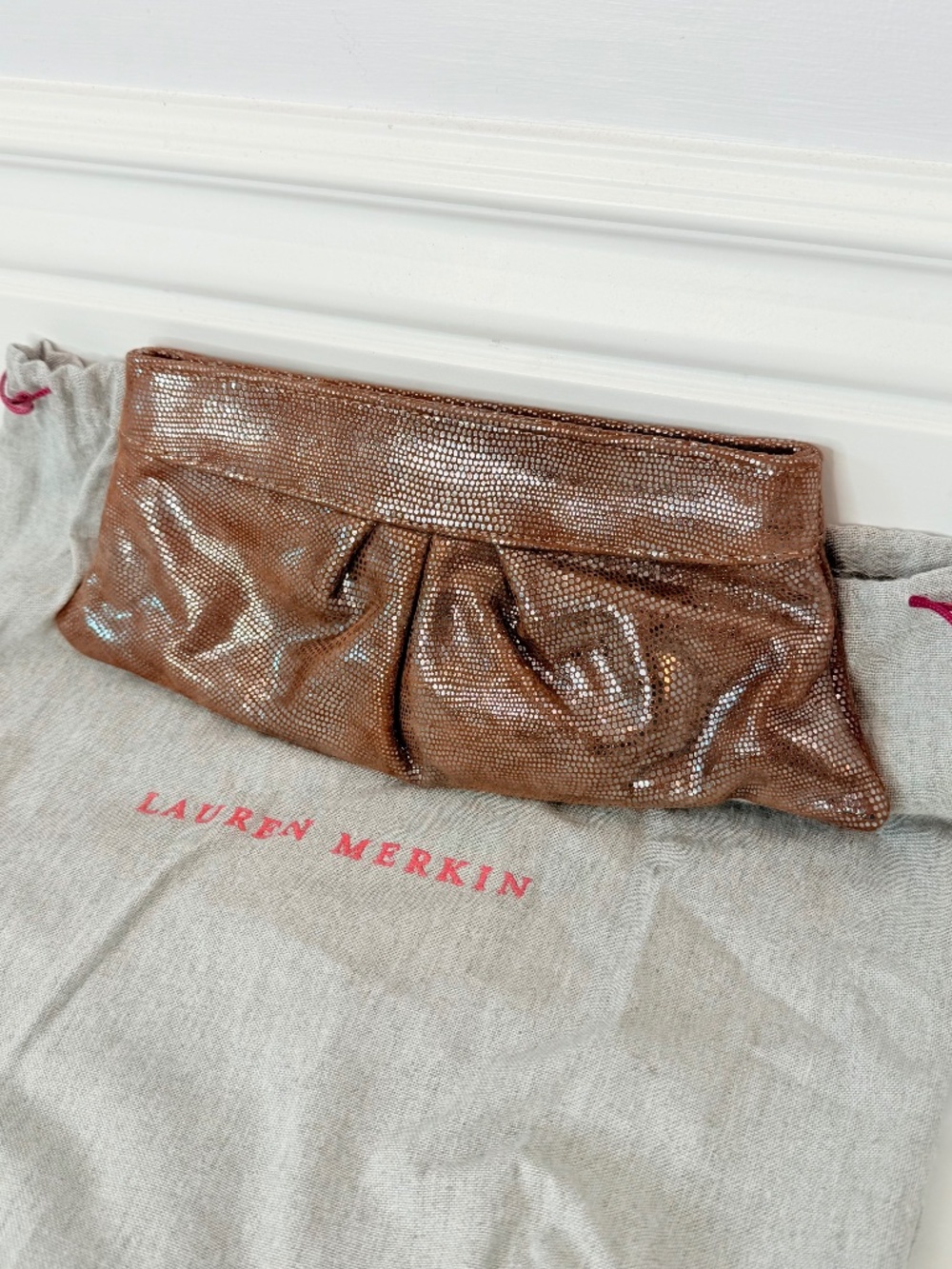 Lauren Merkin Pink Metallic Stingray Embossed Suede Clutch